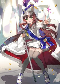 1girl arknights artist_name black_thighhighs blue_sash drum_major eihi flag green_eyes hat hat_feather highres holding holding_flag long_hair long_sleeves looking_at_viewer myrtle_(arknights) myrtle_(light_gold_celebration)_(arknights) open_mouth pointy_ears red_hair sash shako_cap shirt signature skirt smile solo thighhighs v whistle white_flag white_hat white_shirt white_skirt