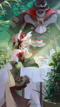 1girl backless_dress backless_outfit bare_shoulders black_bow black_collar black_dress black_sleeves blue_eyes bonnet bow cake chinese_commentary closed_mouth collar commentary_request cup detached_collar detached_sleeves dress flower_pot food from_side genshin_impact gloves hair_ornament half_gloves hand_on_own_chin highres holding holding_plate holding_spoon long_hair long_sleeves pantyhose plant plate pulonia_(genshin_impact) red_bonnet robot sandrone_(genshin_impact) sitting siyue-april solo spoon table tablecloth tea teacup teapot white_headdress white_pantyhose winding_key