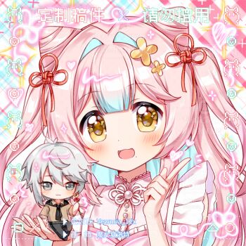 1girl :3 :d artist_name blue_hair blunt_bangs blush chibi closed_mouth cone_hair_bun double_bun grey_eyes grey_hair hair_bun hair_intakes highres holding holding_mini_person long_hair looking_at_viewer mini_person miniboy monu_xialuote multicolored_hair open_mouth original pink_hair pink_shirt portrait shirt short_hair sleeveless sleeveless_shirt smile two-tone_hair two_side_up yellow_eyes