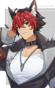 1boy animal_ear_piercing animal_ears black_choker black_hair black_jacket choker commentary_request dog_boy dog_ears dog_tail jacket jewelry komano_manato male_focus multicolored_hair necklace piercing red_eyes red_hair scar scar_on_chest scar_on_face shimanaka_(shimanaka_sushi) shirt tail white_shirt zenless_zone_zero