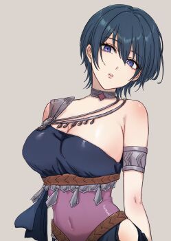 1girl blue_eyes breasts cleavage covered_navel dancer dancer_(fire_emblem:_three_houses) dress fire_emblem fire_emblem:_three_houses genderswap genderswap_(mtf) green_hair grey_background highres jewelry large_breasts male_byleth_(fire_emblem) nintendo ootuk short_hair simple_background single-shoulder_dress solo upper_body