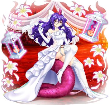 1girl alternate_costume bow breasts bridal_veil choker closed_mouth collarbone dress earrings elbow_gloves falling_petals flower flower_request game_cg gloves hair_bow high-low_dress high_heels highres holding holding_syringe horns jewelry lantern lizard_tail long_hair long_tail official_art petals pointy_ears purple_hair purple_horns purple_tail red_eyes rotte_(1109) see-through_clothes see-through_veil shoes single_horn sitting_on_own_tail smile solo syringe tail tenkajin_chiyari test_tube thigh_strap thighhighs third-party_source touhou touhou_lostword transparent_background veil very_long_hair wedding_dress white_bow white_choker white_dress white_flower white_gloves white_petals white_shoes white_thighhighs
