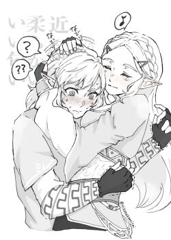 1boy 1girl ? ?? arm_around_neck arm_around_waist blush braid breasts closed_eyes commentary_request couple crown_braid fingerless_gloves gloves greyscale hair_ornament hairclip hand_on_another's_head headpat hetero highres hover_hand layered_sleeves light_smile link long_hair medium_breasts medium_hair monochrome musical_note nikohakaeritai nintendo parted_bangs pointy_ears princess_zelda sidelocks spoken_musical_note spoken_question_mark spot_color sweatdrop the_legend_of_zelda the_legend_of_zelda:_breath_of_the_wild tunic twitter_username upper_body white_background