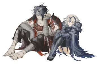 1boy 1girl armor bandage_over_one_eye bandaged_head bandages barefoot black_armor black_bandages black_hair black_pants black_thighhighs cape chiemon_(fate) closed_eyes fate/samurai_remnant fate_(series) fur-trimmed_cape fur_trim headpiece highres japanese_armor jeanne_d'arc_alter_(lancer)_(fate) multiple_scars one_eye_covered pants ruda_(ruda_0616_tfj) scar shoulder_armor smile sode thighhighs torn_cape torn_clothes white_background