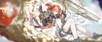 1girl absurdres arknights black_gloves black_jacket black_shoes breasts cannon closed_mouth commentary corinalyce1 cropped_jacket detached_wings energy_wings expressionless exusiai_(arknights) exusiai_the_new_covenant_(arknights) fingerless_gloves firing full_body gloves gun halo highres holding holding_gun holding_weapon jacket kriss_vector long_hair looking_at_viewer medium_hair one_side_up recording red_hair shirt shoes smile solo submachine_gun thighhighs traditional_halo viewfinder weapon white_thighhighs wings yellow_eyes yellow_halo