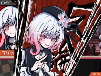 beret black_choker black_coat black_hat choker coat collared_coat commentary_request danganronpa_(series) fang flower flower-trimmed_sleeves gameplay_mechanics gradient_hair hair_flower hair_ornament hat hat_flower hat_ribbon highres long_sleeves looking_at_viewer mahou_shoujo_no_majo_saiban multicolored_hair neck_ribbon pink_eyes pink_hair puffy_sleeves ribbon sakuraba_ema shirt short_hair sleeveless sleeveless_coat smile tono_hanna urada_silue user_interface white_flower white_hair white_ribbon white_shirt white_sleeves x_hair_ornament