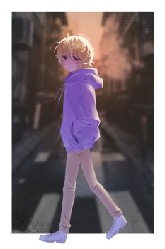 1boy absurdres blonde_hair blurry blurry_background brown_pants closed_mouth commentary english_commentary from_side full_body hair_between_eyes hands_in_pockets highres hood hood_down hoodie kuraedo looking_at_viewer male_focus original pants purple_eyes purple_hoodie shoes short_hair solo swept_bangs walking white_shoes