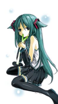 aqua_hair caki cosplay flat_chest hashtag-only_commentary hatsune_miku hatsune_miku_(cosplay) highres saya_(saya_no_uta) saya_no_uta shirt sleeveless sleeveless_shirt spring_onion twintails vocaloid