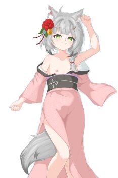 1girl absurdres animal_ears animal_hair_ornament arm_out_of_sleeve braid fang fang_out flat_chest flower green_eyes grey_hair hair_flower hair_ornament hair_over_shoulder highres japanese_clothes kamizuki_naki kimono loli long_sleeves looking_at_viewer lying medium_hair multicolored_hair nipples notched_ear obi off_shoulder on_back open_clothes open_kimono pink_kimono prism_project sash short_hair simple_background single_braid smile tail two-tone_hair uts virtual_youtuber white_background wolf_ears wolf_girl wolf_tail