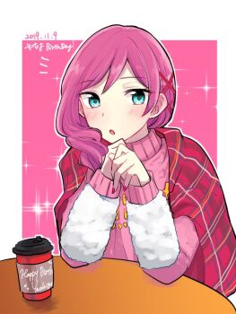 1girl :o aqua_eyes arm_warmers blush border casual clenched_hand commentary_request cup curled_fingers dated disposable_coffee_cup disposable_cup drill_hair elbow_rest english_text fingernails hair_between_eyes hair_ornament hair_over_shoulder hands_up happy_birthday kusugaya long_fingernails long_hair long_sleeves looking_at_viewer notice_lines open_mouth outline outside_border parted_bangs pink_background pink_hair pink_sweater plaid_clothes red_nails shoujo_kageki_revue_starlight shoujo_kageki_revue_starlight_-re_live- solo sparkle_background sweater table translation_request tsuruhime_yachiyo turtleneck turtleneck_sweater upper_body white_arm_warmers white_border white_outline x_hair_ornament