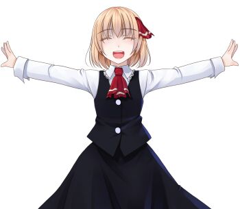 Rule 34 | 1girl, ascot, black skirt, black vest, blonde hair, closed eyes, collared shirt, commentary request, cowboy shot, crote, facing viewer, hair between eyes, highres, large variant set, long sleeves, open hands, open mouth, outstretched arm, red ascot, rumia, shirt, short hair, simple background, skirt, skirt set, smile, solo, tachi-e, teeth, touhou, transparent background, upper teeth only, variant set, vest, white shirt