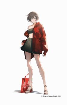 1girl brown_eyes brown_hair brown_shoes commentary_request company_name copyright_notice full_body green_skirt high_heel_sandals highres jacket jewelry karasuro looking_at_viewer meiko_(vocaloid) necklace official_art pleated_skirt red_bag red_jacket sandals shoes short_hair simple_background skirt sleeves_past_wrists solo standing strapless toes tube_top vocaloid white_background