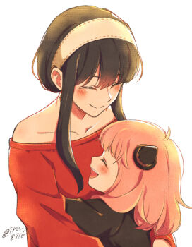 1girl ^_^ anya_(spy_x_family) artist_request black_hair blush child bad_tag closed_eyes cone_hair_bun hair_bun long_hair medium_hair mother_and_daughter off_shoulder open_mouth pink_hair red_sweater simple_background smile spy_x_family sweater white_background yor_briar