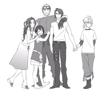 2girls 3boys aerith_gainsborough aged_down arm_around_shoulder barefoot bob_cut boots cid_highwind closed_eyes clothes_around_waist cloud_strife commentary_request dress dress_ribbon drill_hair drill_sidelocks facing_to_the_side final_fantasy final_fantasy_vii final_fantasy_vii_remake final_fantasy_viii gloves goggles goggles_on_head greyscale hair_ribbon hand_on_another's_back hand_on_another's_shoulder happy headband height_difference high_heel_sandals high_heels high_ponytail highres holding_hands implied_yaoi jacket jacket_around_waist jewelry kingdom_hearts kingdom_hearts_i layered_shirt leaning_forward leg_up long_hair looking_at_viewer low_ponytail medium_hair monochrome multiple_boys multiple_girls necklace no_shoes pants ponytail ribbon ryouto sandals scar scar_on_face shirt short_hair short_ponytail sidelocks simple_background smile spiked_hair squall_leonhart standing t-shirt thigh_strap toned toned_male v-neck very_short_hair wavy_hair white_background yuffie_kisaragi