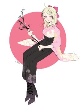 Rule 34 | 1girl, absurdres, ahoge, akamatsu kaede, alternate costume, black boots, black hakama, blonde hair, boots, bow, branch, breasts, bud, cherry blossom print, cherry blossoms, circle, closed mouth, commentary request, danganronpa (series), danganronpa v3: killing harmony, floral print, flower, fortissimo, full body, hair bow, hair ornament, hairclip, hakama, hakama skirt, happy, high heel boots, high heels, highres, holding, holding branch, invisible chair, japanese clothes, kimono, kuku (kk org), lace-up boots, large breasts, light blush, long hair, looking ahead, male focus, musical note, musical note hair ornament, pink background, pink bow, pink eyes, pink kimono, print hakama, print kimono, short kimono, sidelocks, signature, sitting, skirt, smile, solo, two-tone background, white background, white flower, wide sleeves