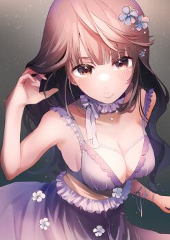 1girl arm_ribbon armpits bare_arms bare_shoulders black_background black_hair blue_bow blue_choker blue_dress blue_flower blue_ribbon blunt_bangs bow bow_choker bra breasts brown_eyes choker closed_mouth collarbone commentary_request cowboy_shot dress eme_(emeralda) flower frilled_choker frilled_dress frills gradient_background hair_flower hair_ornament hand_in_own_hair happy lace lace-trimmed_bra lace_trim large_breasts light_blush light_particles lilith_(shining_nikki) lips long_hair loose_hair_strand nightgown nikki_(series) nostrils ribbon shining_nikki sleeveless sleeveless_dress smile solo spaghetti_strap telosma&#039;s_kiss_(shining_nikki) underwear very_long_hair white_bra