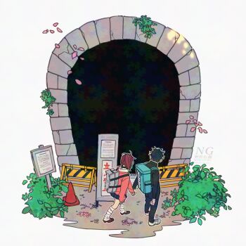 1boy 1girl ayase_momo backpack bag black_choker black_hair black_jacket black_pants blue_bag blue_skirt brown_hair brown_shoes bush choker commentary_request dandadan earrings falling_petals from_side full_body gakuran grey_bag highres holding_hands jacket jewelry k_ysd001 loafers long_sleeves looking_to_the_side loose_socks medium_hair pants petals pink_petals pink_sweater pleated_skirt scenery school_uniform shirt_under_sweater shoes short_hair skirt sneakers socks standing sweater takakura_ken_(dandadan) traffic_cone tunnel walking watermark white_shoes white_socks