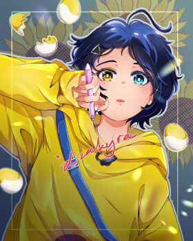 1girl absurdres ahoge artist_name blue_eyes blue_hair dzakyra egg eggshell flower hair_ornament hairclip heterochromia highres holding holding_pen hood hoodie looking_at_viewer ooto_ai pen short_hair solo sunflower triangle_hair_ornament upper_body wonder_egg_priority yellow_eyes yellow_hoodie
