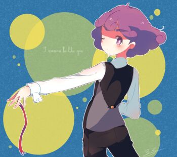 1girl 33lol black_pants black_vest blush bright_pupils burgundy_(pokemon) cilan_(pokemon) cilan_(pokemon)_(cosplay) closed_mouth commentary_request cosplay english_text eyelashes long_sleeves looking_back nintendo one_eye_closed outline pants pokemon pokemon_(anime) pokemon_bw_(anime) purple_eyes purple_hair red_ribbon ribbon shirt short_hair solo thick_eyebrows vest white_outline white_pupils white_shirt