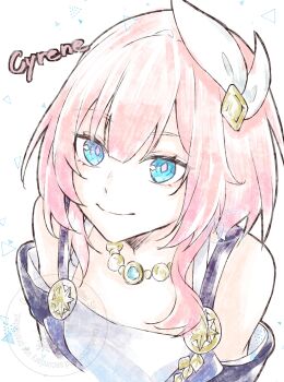 1girl absurdres bare_shoulders blue_eyes breasts coat commentary_request cyrene_(aedes_elysiae)_(honkai:_star_rail) cyrene_(honkai:_star_rail) dress hair_ornament highres honkai:_star_rail honkai_(series) jewelry ktbk00ui looking_at_viewer necklace pink_hair purple_coat simple_background small_breasts smile solo upper_body white_background white_dress