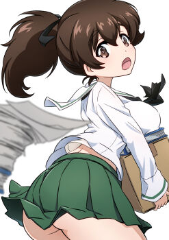 1girl ass black_neckerchief black_ribbon blouse blurry blurry_foreground blush book box breast_rest breasts brown_eyes brown_hair commentary cowboy_shot depth_of_field ehirorotoon from_behind frown girls_und_panzer green_skirt hair_ribbon highres holding holding_box koyama_yuzu large_breasts leaning_forward long_sleeves looking_at_viewer looking_back medium_hair midriff_peek miniskirt neckerchief ooarai_school_uniform open_mouth paper_stack pleated_skirt ponytail ribbon sailor_collar school_uniform serafuku shirt simple_background skirt solo standing white_background white_sailor_collar white_shirt