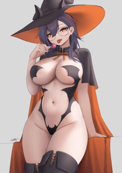 1girl absurdres black_leotard boots breasts candy cape cleavage food glasses halloween hat highres large_breasts leotard lollipop long_hair mole mole_on_breast navel original revealing_clothes saliva saliva_trail stomach thigh_boots tongue tongue_out two-tone_cape whitter witch witch_hat