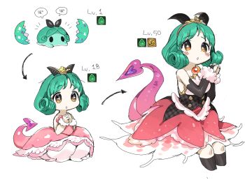 +_+ 1girl aqua_hair black_gloves black_socks blush bridal_gauntlets crown dress egg elbow_gloves evolution gloves hatching heart heart_tail highres horns idolmaster idolmaster_million_live! kneehighs level_up medium_hair mini_crown multiple_views orange_eyes own_hands_together pink_dress simple_background sleeveless socks spawnfoxy tail tiara tokugawa_matsuri white_background