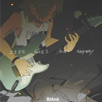 1boy black_nails black_pants chain chain_necklace cigarette closed_eyes electric_guitar english_text gauze_on_arm guitar holding holding_instrument instrument jewelry male_focus mk1liaoqian music necklace original pants playing_instrument self-harm_scar sitting solo tank_top white_tank_top