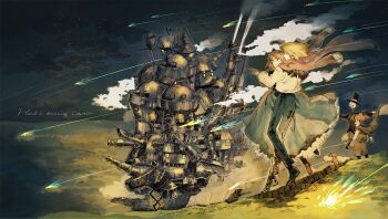 00s 1girl 2boys animal bad_id bad_pixiv_id black_footwear blonde_hair blue_dress blue_pants boots brown_footwear brown_hair cape cloud copyright_name couple dog dress earrings english_text frilled_dress frills grass grin hat heen hetero holding howl_no_ugoku_shiro howl_pendragon jacket jacket_on_shoulders jewelry kakashi_no_kabu kurohal long_sleeves markl multiple_boys night night_sky outdoors pants scarecrow shirt shoes shooting_star short_hair shorts sky smile sophie_hatter_(howl_no_ugoku_shiro) standing studio_ghibli top_hat white_shirt wind