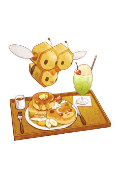 Rule 34 | cherry, combee, commentary request, cup, food, fork, fruit, gen 2 pokemon, gen 4 pokemon, glass, highres, ice, ice cube, knife, looking down, mozuku 1313, nintendo, no humans, pancake, plate, pokemon, pokemon (creature), pokemon focus, solo, strawberry, teddiursa, tray, white background