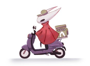 1girl arthropod_girl baseball_cap cloak driving grub_(hollow_knight) grubhub hat hollow_knight hollow_knight:_silksong hornet_(hollow_knight) insulated_delivery_bag keeby_z motor_vehicle motorcycle on_motorcycle red_cloak scooter simple_background solo vespa white_background white_mask