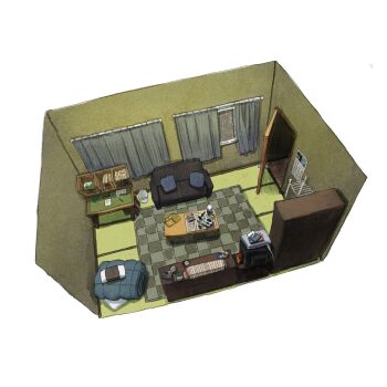 bedroom book calendar_(object) chair commentary_request couch curtains desk door from_above futon highres indoors korean_commentary no_humans persona persona_4 pillow rug shelf table tatami television uwol6 window