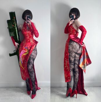 1girl anna_williams anna_williams_(cosplay) ass breasts bridal_gauntlets brown_hair cellphone china_dress chinese_clothes cleavage_cutout clothing_cutout cosplay cosplay_photo dress female_focus floral_print full_body high_heels highres holding holding_phone holding_rocket_launcher holding_weapon multiple_views namco pantyhose phone photo_(medium) print_pantyhose real_life rocket_launcher selfie sharkparty short_hair side_slit sleeveless sleeveless_dress smartphone standing tekken tekken_6 turtleneck weapon