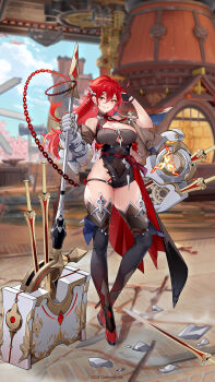 1girl arm_behind_head bare_shoulders boots breasts chain character_request cleavage clothing_cutout covered_navel earrings full_body grin hair_between_eyes hammer hand_in_own_hair high_heels highres holding holding_hammer houchi_shoujo jewelry large_breasts long_hair looking_at_viewer official_art pale_skin red_hair rock scar scar_across_eye scar_on_face smile thigh_boots underboob_cutout yellow_eyes