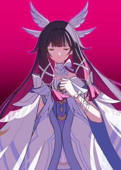 1girl absurdres arm_ribbon black_hair bow closed_eyes colored_inner_hair columbina_(genshin_impact) commentary_request dress eye_mask facing_viewer genshin_impact gradient_background hair_intakes hair_ribbon hand_up head_wings highres long_hair mask miaoyeza233 multicolored_hair outline pink_background pink_outline purple_hair ribbon solo white_bow white_dress white_ribbon white_wings wings wrist_bow