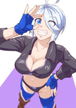 Rule 34 | 1girl, angel (kof), backless pants, blue eyes, boots, bra, breasts, chaps, cleavage, cowboy boots, crop top, cropped jacket, drdr ao midoro, fingerless gloves, gloves, hair over one eye, highres, jacket, large breasts, leather, leather jacket, looking at viewer, midriff, navel, panties, pants, short hair, smile, snk, solo, strapless, strapless bra, the king of fighters, the king of fighters xiv, toned, toned female, underwear, white hair