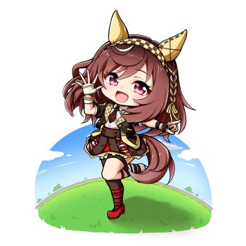 1girl :d animal_ears asymmetrical_footwear asymmetrical_gloves black_gloves black_jacket black_necktie blue_sky boots brown_hair brown_skirt brown_thighhighs buena_vista_(heroina_inocente)_(umamusume) buena_vista_(umamusume) checkered_hairband chibi cloud collared_shirt commentary_request cropped_jacket day dress_shirt fingerless_gloves full_body gloves grass hair_between_eyes hairband highres horse_ears horse_girl horse_tail jacket kuena long_hair looking_at_viewer mismatched_footwear mismatched_gloves multicolored_hair necktie open_clothes open_jacket open_mouth pleated_skirt puffy_short_sleeves puffy_sleeves purple_eyes red_shoes shirt shoes short_sleeves single_thighhigh skirt sky smile solo standing standing_on_one_leg streaked_hair tail thighhighs umamusume white_boots white_gloves white_hair white_shirt