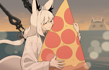 Rule 34 | 1girl, absurdres, ahoge, animal ears, blurry, blurry background, blush, closed eyes, cocomayo29 (tomato), commentary request, fang, food, formal clothes, fox ears, fox girl, fox tail, highres, holding, holding food, holding pizza, hololive, korean commentary, long hair, long sleeves, low-tied long hair, miteiru (shirakami fubuki), parody, pizza, pizza slice, scene reference, shirakami fubuki, solo, suit, tail, titanic (movie), virtual youtuber, white hair, white suit