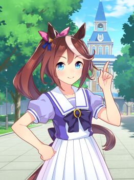 1girl absurdres animal_ears arch artist_request back_bow bare_arms blue_bow blue_bowtie blue_eyes blue_ribbon blue_shirt blue_sky bow bowtie brooch brown_hair closed_mouth cloud cowboy_shot cowlick day dot_nose ear_ribbon game_cg hair_between_eyes hair_bow hair_ornament hand_on_own_hip happy high-waist_skirt highres horse_ears horse_girl horse_tail horseshoe jewelry lamppost light_blush multicolored_hair official_art outdoors path pink_bow pleated_skirt pointing pointing_up ponytail puffy_short_sleeves puffy_sleeves ribbon road school_uniform shade shirt short_sleeves skirt sky smile solo standing streaked_hair tail tareme tokai_teio_(umamusume) tracen_academy tracen_school_uniform tree triangle_hair_ornament two-tone_hair two-tone_shirt umamusume white_hair white_shirt white_skirt