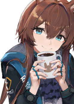 1girl absurdres amiya_(arknights) animal_ears arknights brown_hair coat collar cup ema_(kuguiema) frills highres holding holding_cup jewelry light_smile long_hair long_sidelocks rabbit_ears ring sidelocks simple_background solo white_background