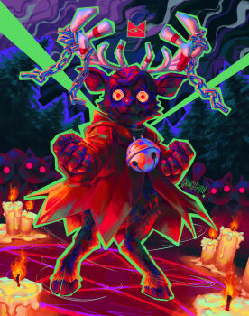 artist_name baby_animal bell candle chain commentary cult_of_the_lamb english_commentary fire furry gloves glowing glowing_eyes grungesniper highres hooves horns jingle_bell lamb looking_at_viewer pentagram red_eyes ringed_eyes sheep smoke standing summoning the_lamb_(cult_of_the_lamb) tree