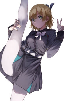 1girl absurdres belt black_skirt blonde_hair blue_bow blue_ribbon bow bowtie breasts closed_mouth dress green_eyes grey_bow hair_between_eyes hair_bow hair_ribbon half_updo heaven_burns_red highres jacket kisaragi_yayoi_(ksrg_yayoi) kneepits leg_hold leg_lift leg_up long_sleeves looking_at_viewer medium_breasts military military_uniform nanase_nanami_(heaven_burns_red) pantyhose ribbon short_hair simple_background skirt solo split standing standing_on_one_leg standing_split v white_background white_belt white_bow white_bowtie white_pantyhose
