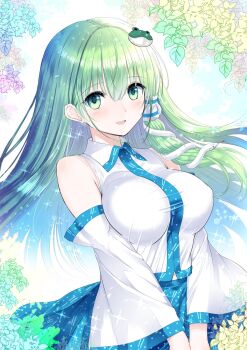 1girl blue_skirt blush breasts commentary_request cowboy_shot detached_sleeves frog_hair_ornament green_eyes green_hair hair_ornament hair_tubes highres kochiya_sanae large_breasts long_hair looking_at_viewer open_mouth single_hair_tube skirt smile snake_hair_ornament solo sparkle tomo_(uguisu-tei) touhou very_long_hair