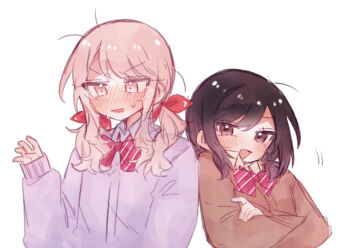 Rule 34 | 1girl, 1other, akiyama mizuki, back-to-back, bad id, bad pixiv id, blush, bow, bowtie, brown eyes, brown hair, cardigan, collared shirt, crossed arms, hair bow, highres, jitome, long sleeves, low twintails, nose blush, open mouth, pink eyes, project sekai, school uniform, shinonome ena, shirt, siiaka023, sleeves past wrists, smile, striped bow, striped bowtie, striped clothes, sweat, twintails, v-shaped eyebrows