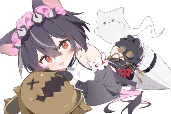 Rule 34 | 1girl, :d, animal ears, bare shoulders, black hair, black skirt, black sleeves, blush, borrowed character, cat ears, cat girl, commentary request, commission, detached sleeves, double-parted bangs, fang, frilled skirt, frills, ghost, hair between eyes, hairband, highres, long sleeves, looking at viewer, miniskirt, open mouth, original, pantyhose, pink hairband, red eyes, shirt, short hair, simple background, skeb commission, skin fang, skirt, sleeveless, sleeveless shirt, smile, solo, urotsuki (ku9625), white background, white pantyhose, white shirt