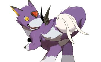 Rule 34 | biting another's tail, black wings, body fur, digimon, dorumon, forehead jewel, from behind, highres, looking back, missyou67363, no humans, purple fur, sharp teeth, simple background, standing, tail, teeth, tokomon, white background, wings, yellow eyes
