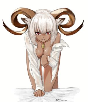 1girl absurdres alternate_costume animal_ears arknights bed_sheet bell bent_over breasts carnelian_(arknights) commentary convenient_censoring convenient_hand dark-skinned_female dark_skin dated feet_out_of_frame goat_ears goat_girl goat_horns highres horns kneeling long_sleeves looking_at_viewer medium_breasts mildt naked_shirt neck_bell off_shoulder on_bed open_clothes open_shirt parted_lips paw_pose red_eyes sheet_grab shirt short_hair signature simple_background single_bare_shoulder solo unbuttoned white_background white_hair white_shirt