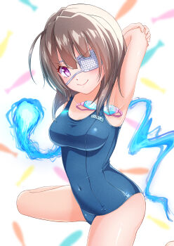 >:) 1girl absurdres armpits asaba_touka bare_shoulders blue_fire blue_one-piece_swimsuit blunt_ends blush breasts brown_hair c: closed_mouth commentary_request competition_school_swimsuit covered_navel cowlick diamond-shaped_pupils diamond_(shape) doyagao eyepatch fire foot_out_of_frame goggles hair_between_eyes heaven_burns_red highres hiiragi_kozue impossible_clothes looking_at_viewer medical_eyepatch medium_breasts medium_hair name_tag old_school_swimsuit one-piece_swimsuit one_eye_covered presenting_armpit purple_eyes school_swimsuit simple_background sitting smile smug solo swim_goggles swimsuit symbol-shaped_pupils thighs v-shaped_eyebrows wariza white_background