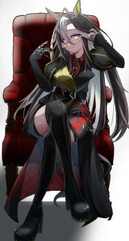 1girl absurdres ahoge animal_ears belt black_belt black_boots black_coat blue_eyes boots breasts brown_hair chair closed_mouth coat collared_shirt commentary_request dream_journey_(reminder_of_dreamland)_(umamusume) dream_journey_(umamusume) fishnet_pantyhose fishnets glasses gloves hair_between_eyes highres horse_ears horse_girl horse_tail jewelry lace lace_gloves long_hair long_sleeves looking_at_viewer multicolored_hair multiple_rings on_chair pantyhose puffy_sleeves red_nails red_shirt ring shirt single_glove sitting small_breasts smile solo tail thigh_boots umamusume white_hair yume_30_31