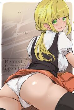 1girl abstract_background ass black_vest blonde_hair blunt_bangs blush breasts clothes_lift from_behind green_eyes highres kasakasako long_hair looking_at_viewer looking_back medium_breasts mushoku_tensei norn_greyrat open_mouth panties pleated_skirt ponytail ranoa_magic_academy_school_uniform red_skirt school_uniform shirt short_sleeves skirt skirt_lift solo sweat thighs underwear vest watermark white_panties white_shirt